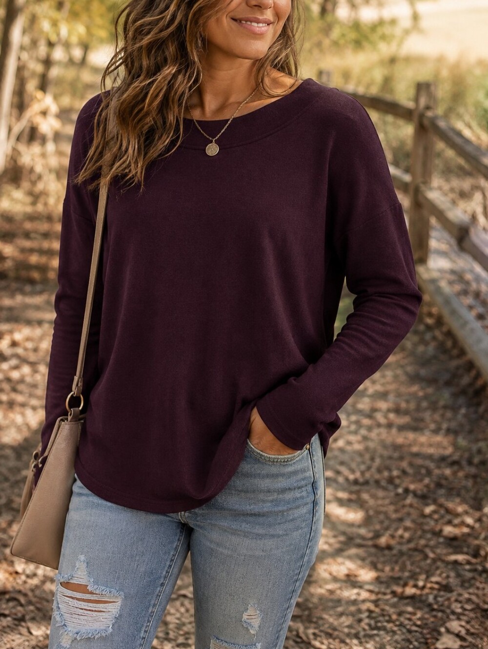 Athleta Plum Cotton Blend Stretch Scoop Neck Long Sleeve Top Relaxed Fit Casual
